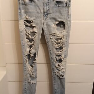 American Eagle Trendy Distressed Women's Skinny Jeans - Light Blue